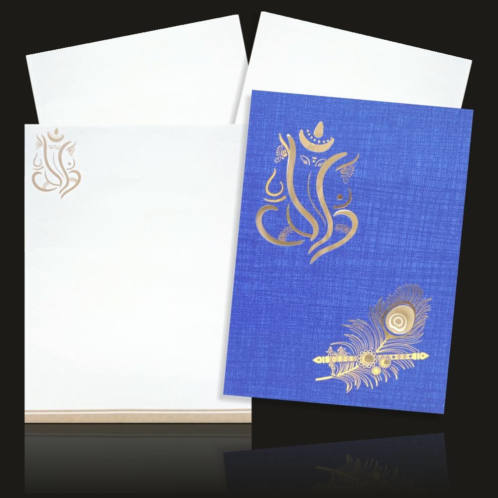 Attractive Blue Shading With Cut Ganesha Wedding Card-KNCPC432-0